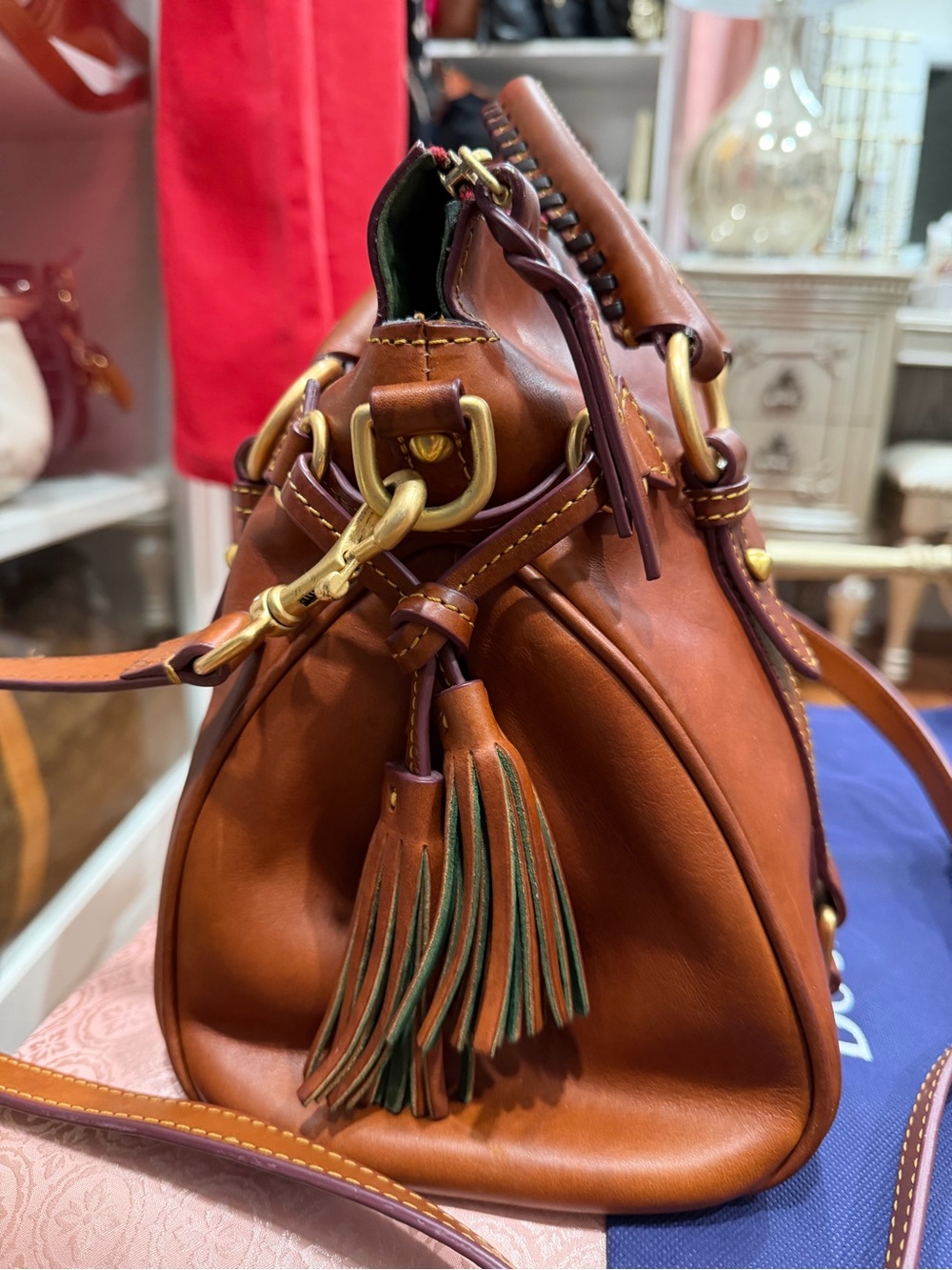 Dooney & Bourke Chestnut Brown Leather Satchel with Crossbody Strap - Picture 8 of 16